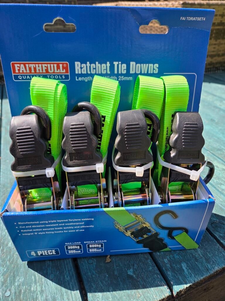 A 4-piece box of Faithfull neon green ratchet tie down straps with black S-hooks for weatherproofing and securing beehives.