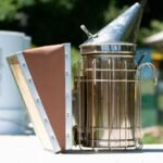 Stainless steel bee smoker with a protective heat guard and leather bellows emitting a faint trail of smoke.